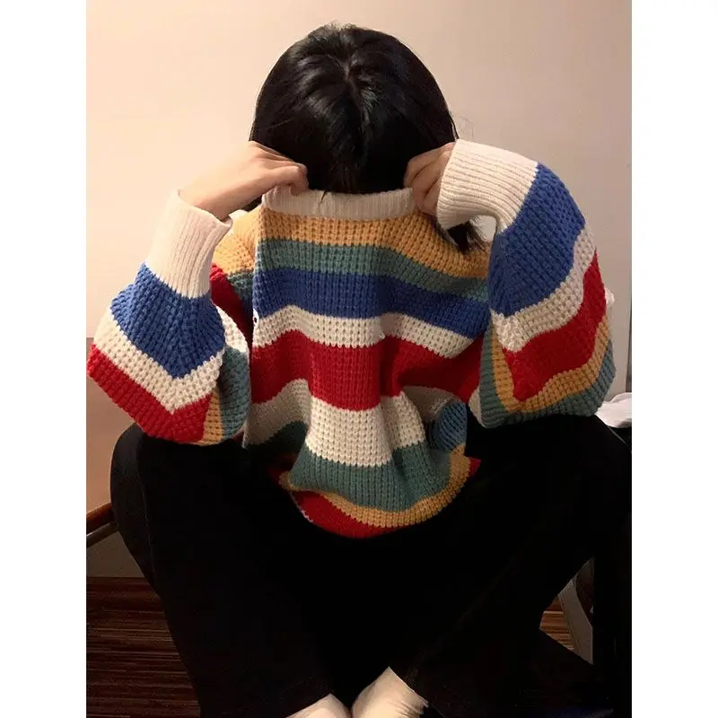 Japanese Retro Rainbow Stripes Soft Sweater Female Autumn and Winter Loose Lazy Wind Bf Hundred with The Head Casual Knitwear