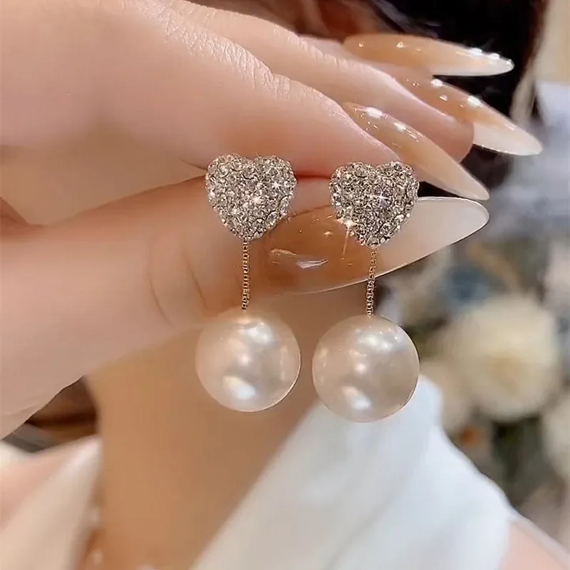 2024 Trend New Crytal Love Heart Pearl Dangel Earrings Korean Elegant Woman Jewelry Rhinestones Summer Party Gift Accessories