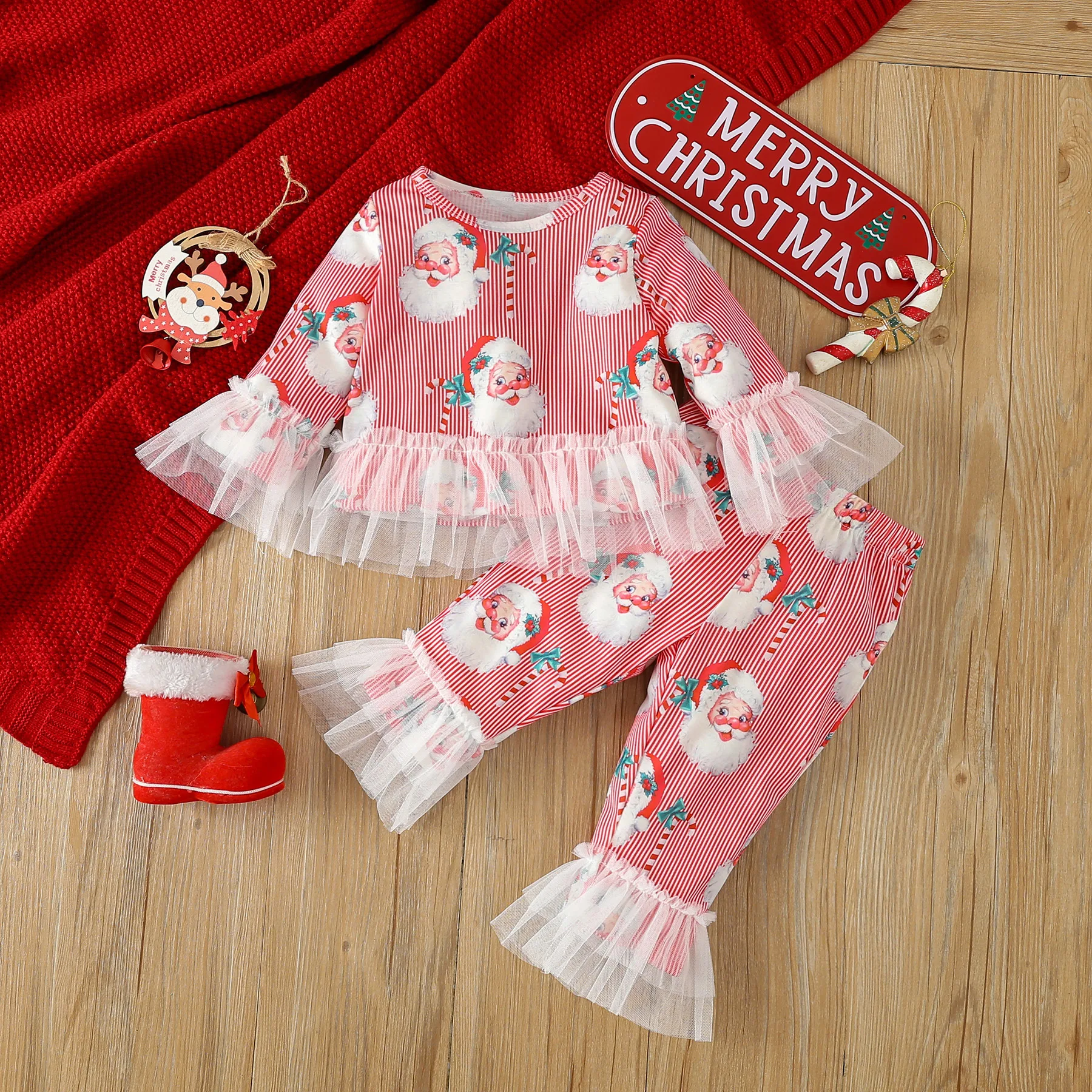 Christmas Baby Clothes Set 0-3 Y 2024 Autumn Girls' Cartoon Santa Claus Printed Blouse and Pants 2Pcs Children's Home Clothing