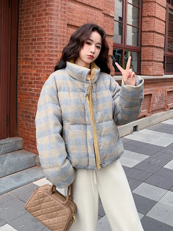 

Ретро-куртка женская утепленная в клетку с воротником-стойкой, теплая зимняя модная повседневная верхняя одежда свободного кроя