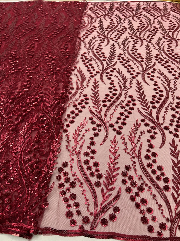 2024 Red High Quality African Lace Fabric Sequins Mesh Luxury Heavy bead Embroidered Tulle Fabric for Sewing Dresses F3803