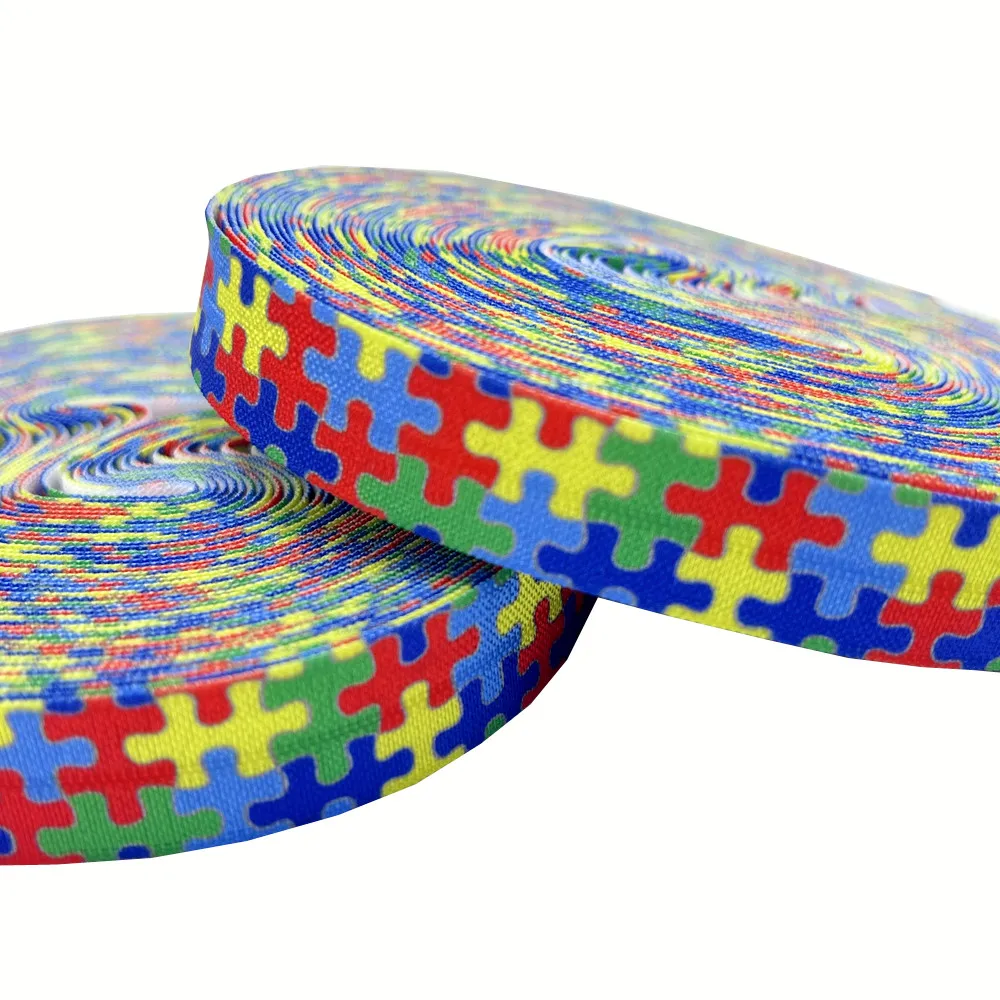 10Yard Autism Awareness Print Fold Over Elastic 15MM Colorful FOE Ribbon For DIY Headwear Gift Webbing Accessories