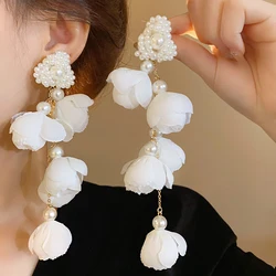 White Flower Long Fringe Earrings Imitation Pearl Crystal Dangle Earrings For Women Girls Delicate Party Wedding Jewelry K