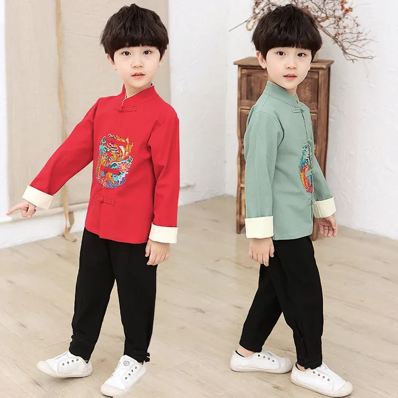 الأولاد أزياء مسرحية التطريز الأسماك Hanfu مجموعة السنة الجديدة النمط الصيني تانغ الملابس مجموعة 2 قطعة طويلة الأكمام الزي قميص وسراويل