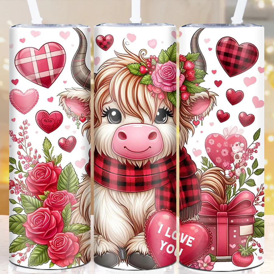 20oz Print 3D Highland Cow Valentine's Day Party Tumblers Straw Lid 1Pc Stainless Insulated Coffee Bottle Outdoor Travel Bottle