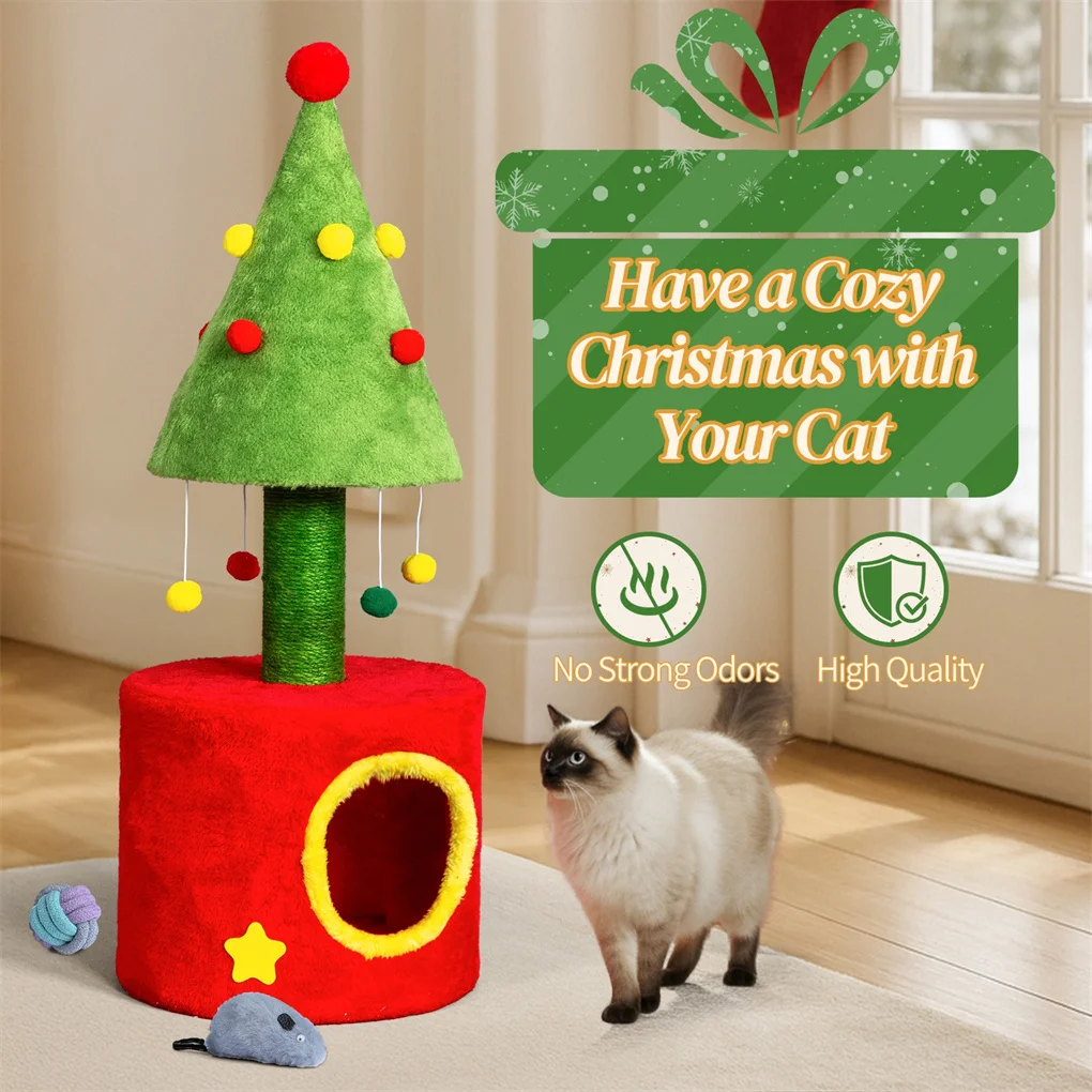 

30-дюймовая когтеточка для кошек с кошачьим домиком для домашнего котенка, маленькая башня для кошачьего дерева с сизалевой стойкой и милыми подвесными шариками,