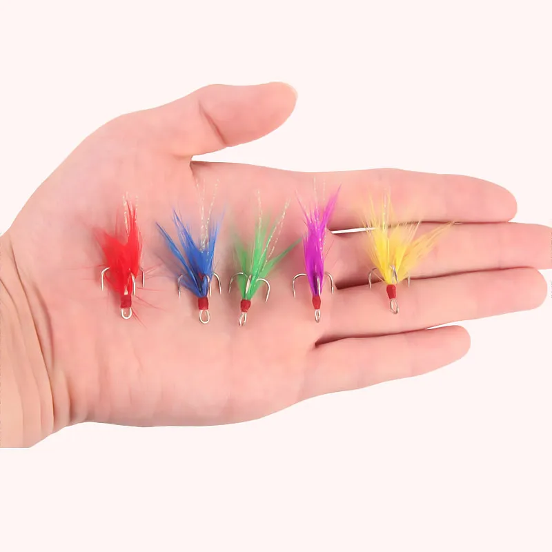 10Pcs Bazooka Feathered Treble Dressed Fishing Hooks Carbon Steel Barbed Sharp Triple Sea Accessories Lure Barbed Pike Bass