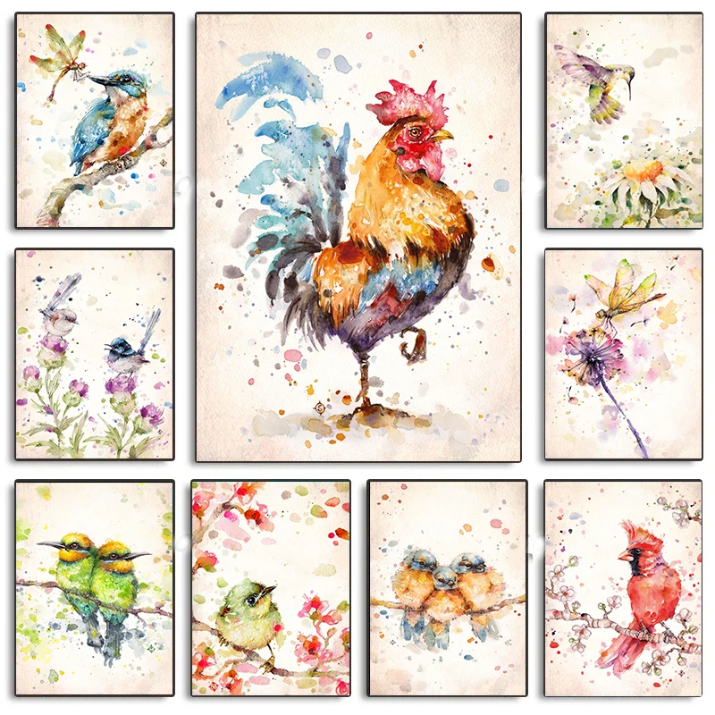 Libélula, diente de león, búho, gallo, BlueBirds, Pavo Real, acuarela, animales, póster, pintura en lienzo, arte de pared, imagen para decoración de habitación