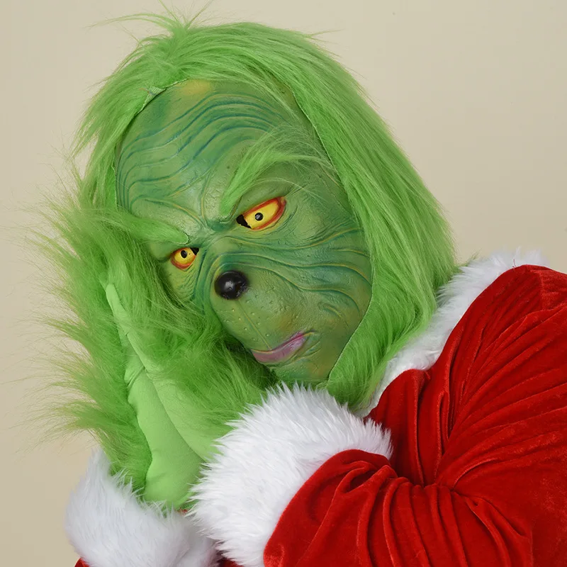 Merry Christmas The Christmas Thief Cosplay Prop Grinch Eco Latex Maks Red Santa Claus Hat Green Shaggy Gloves Xmas Headwear Set