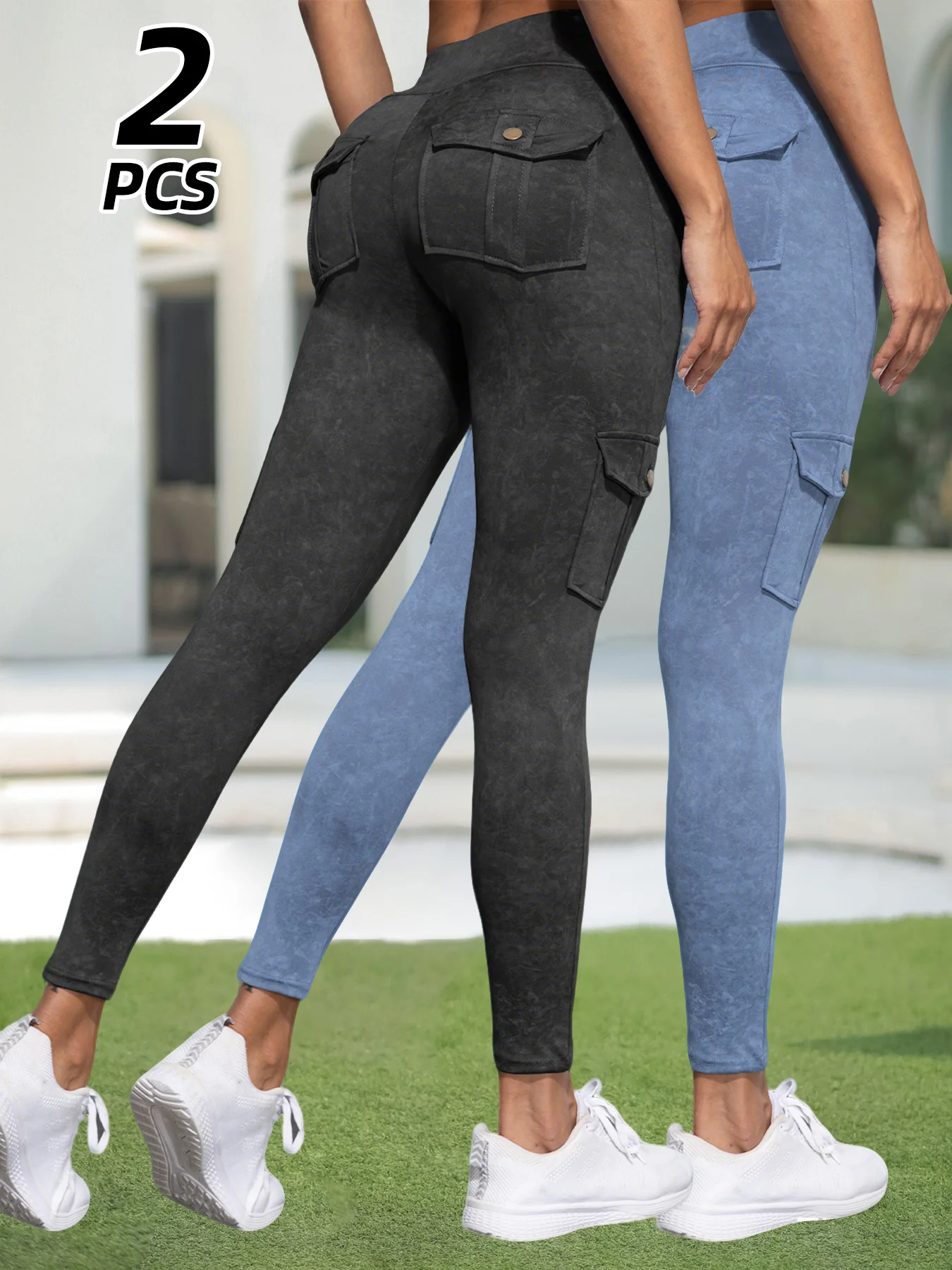 2PCS Women High Waist Fashion Fitness Pants With Pockets Gym Leggings Skinny Stretch Outdoors Comfortable Sport Leggings