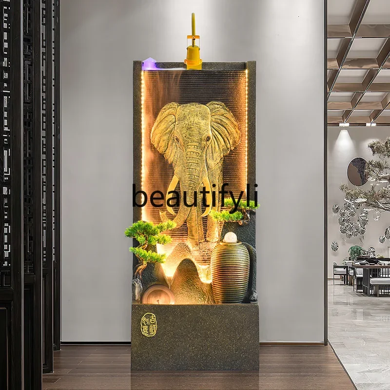 Elephant running water screen fountain feng shui ball lucky water curtain wall living room entrance decoration floor ornament