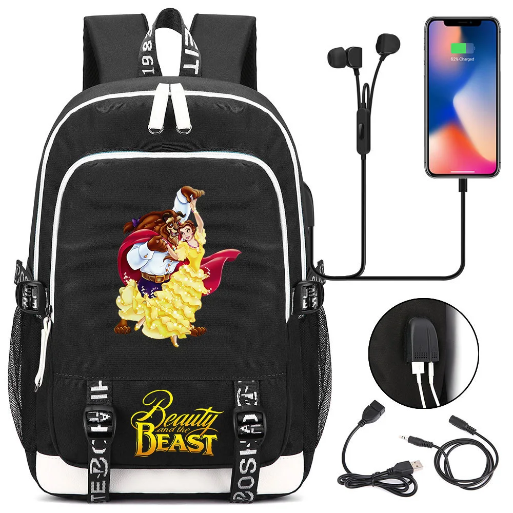 

MINISO Fashion Beauty and the Beast Laptop Backpacks Student USB Charging Backpack Famale Rucksack Travel Bag Mochila