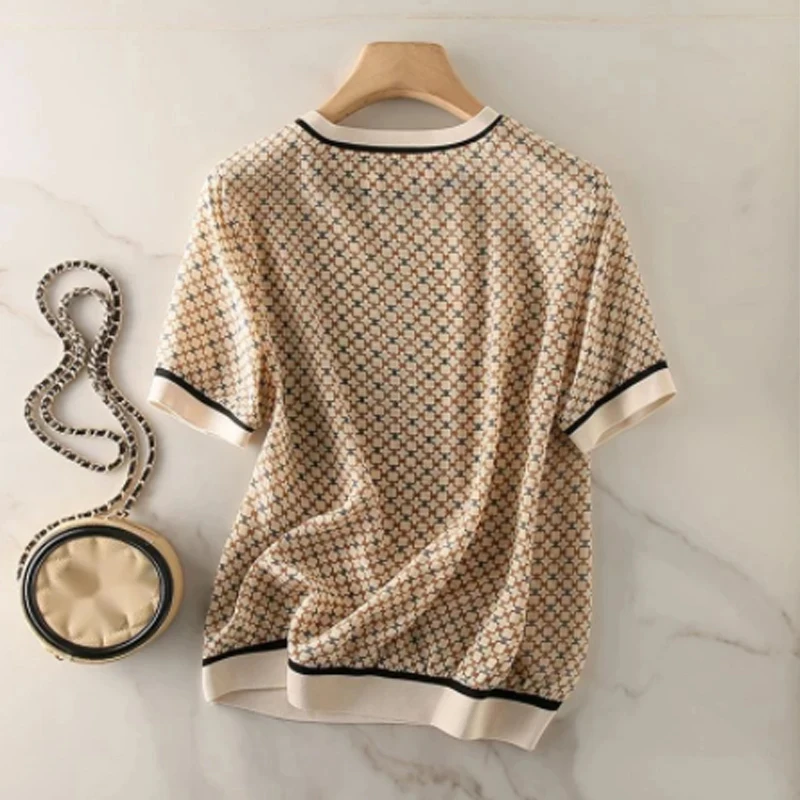 Summer Short Sleeve Women Shirt Vintage Square Plaid Printed Ice Silk Loose Blouse Ribbed Elegant Casual Women Blouses Top 18852