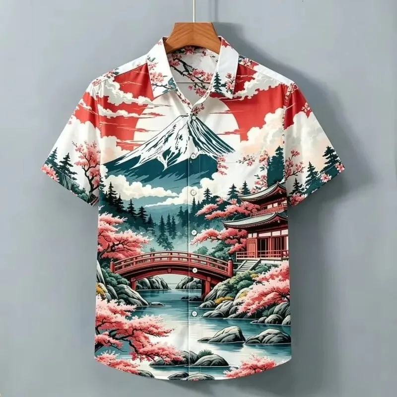 Men's Shirt Japanese Print Short Sleeve Button Down Shirts Turn Collar Summer Vacation Casual Tops Men Clothing
