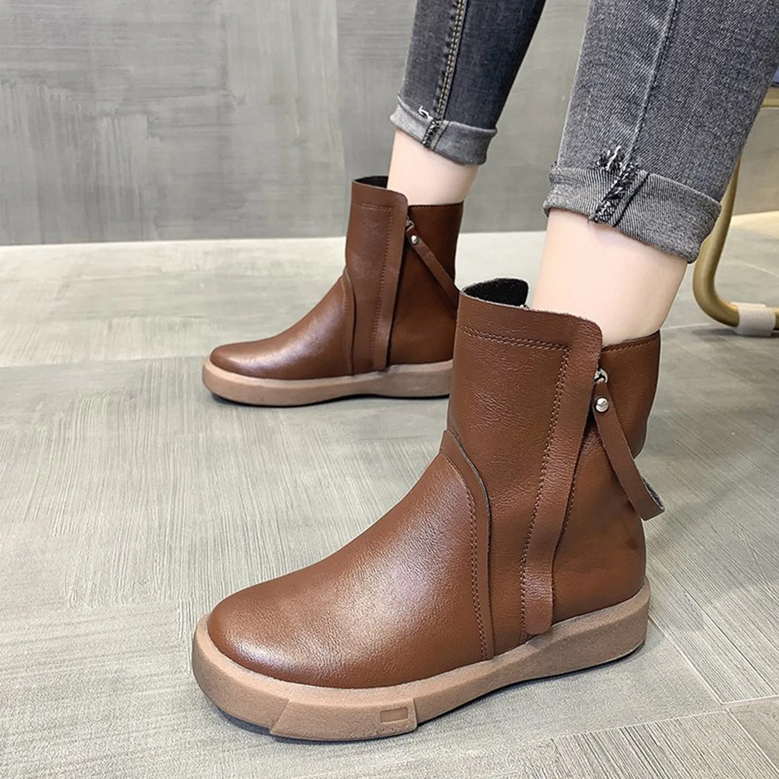 Leather Boots Women Flat Toe Women Fashion Zipper Platform Shoes Shoes Boots Retro Boots Round Women\'S Ladies Shoes And Boots