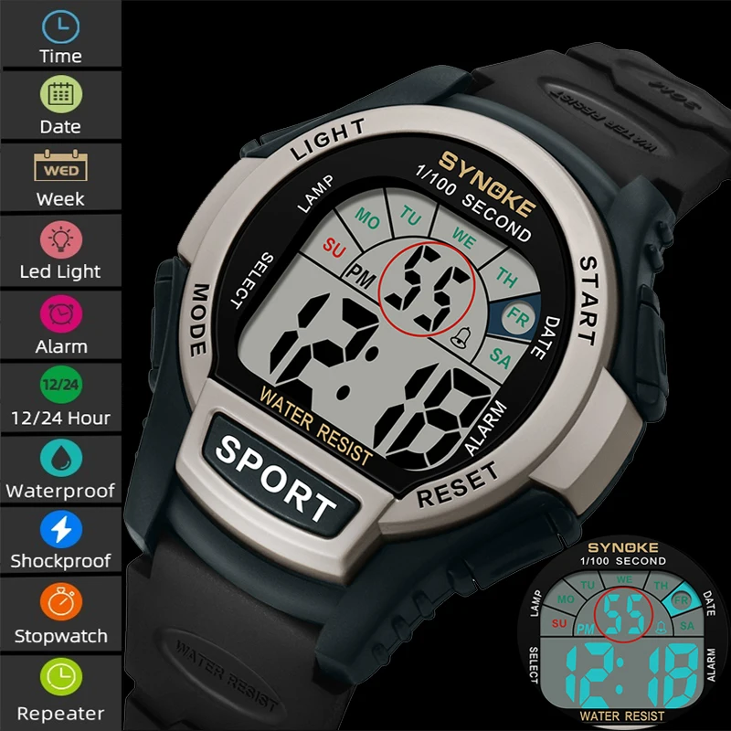 

Synoke Men's Led Chronograph Stop Watch PU Strap 50M Waterproof Swimming Digital Sport's Wristwatch Fashion Male Alarm Clock