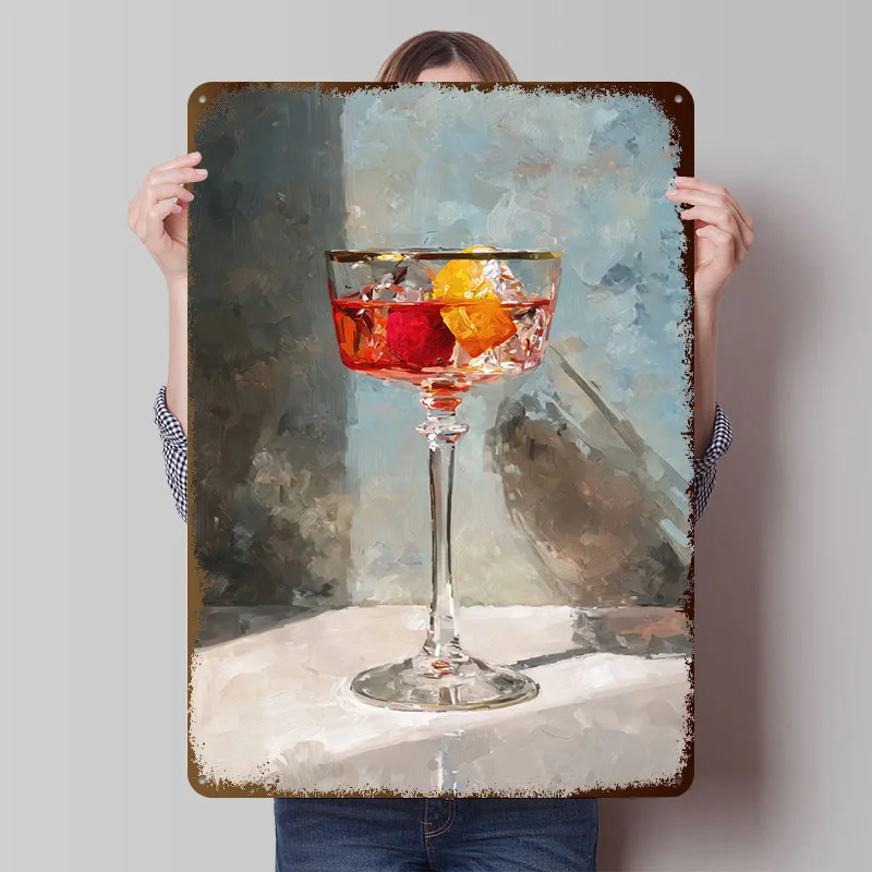 Elegant Cocktail Painting With Fruit and Ice Metal Poster Custom Wall Art Retro Vintage Tinplate Signs for Man Cave Office Decor