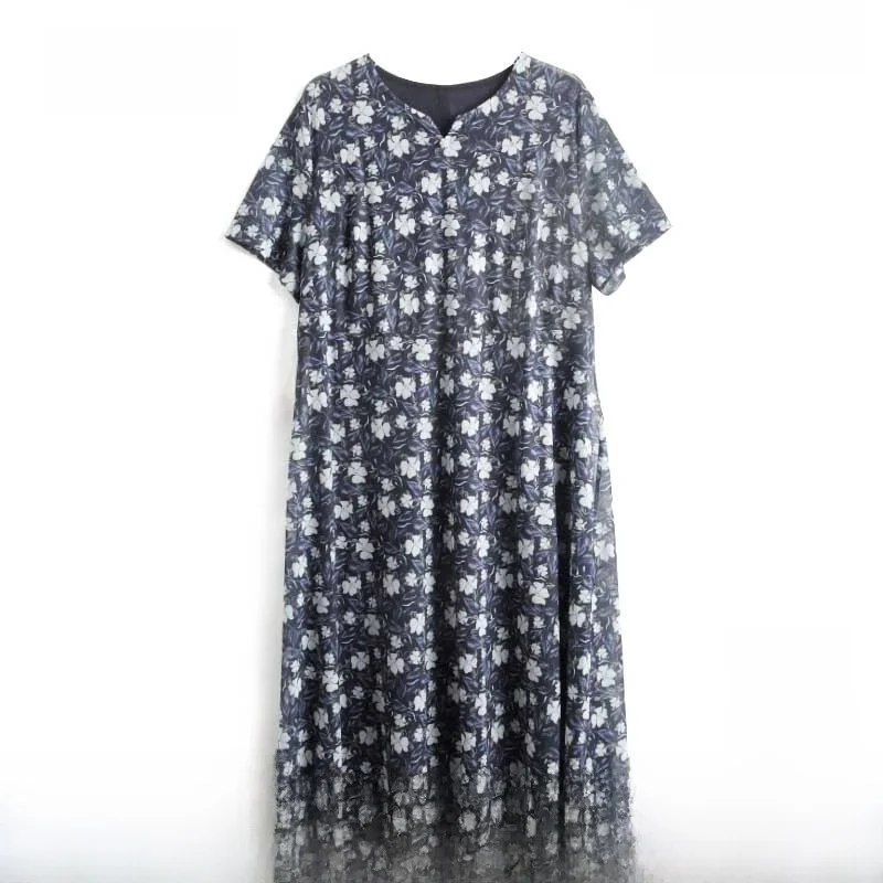 

plus Size Women's Summer New V-ne Floral Pattern ort Sve Midi Dr Trendy 32420284 Polyester Fiber Comfortable Fit