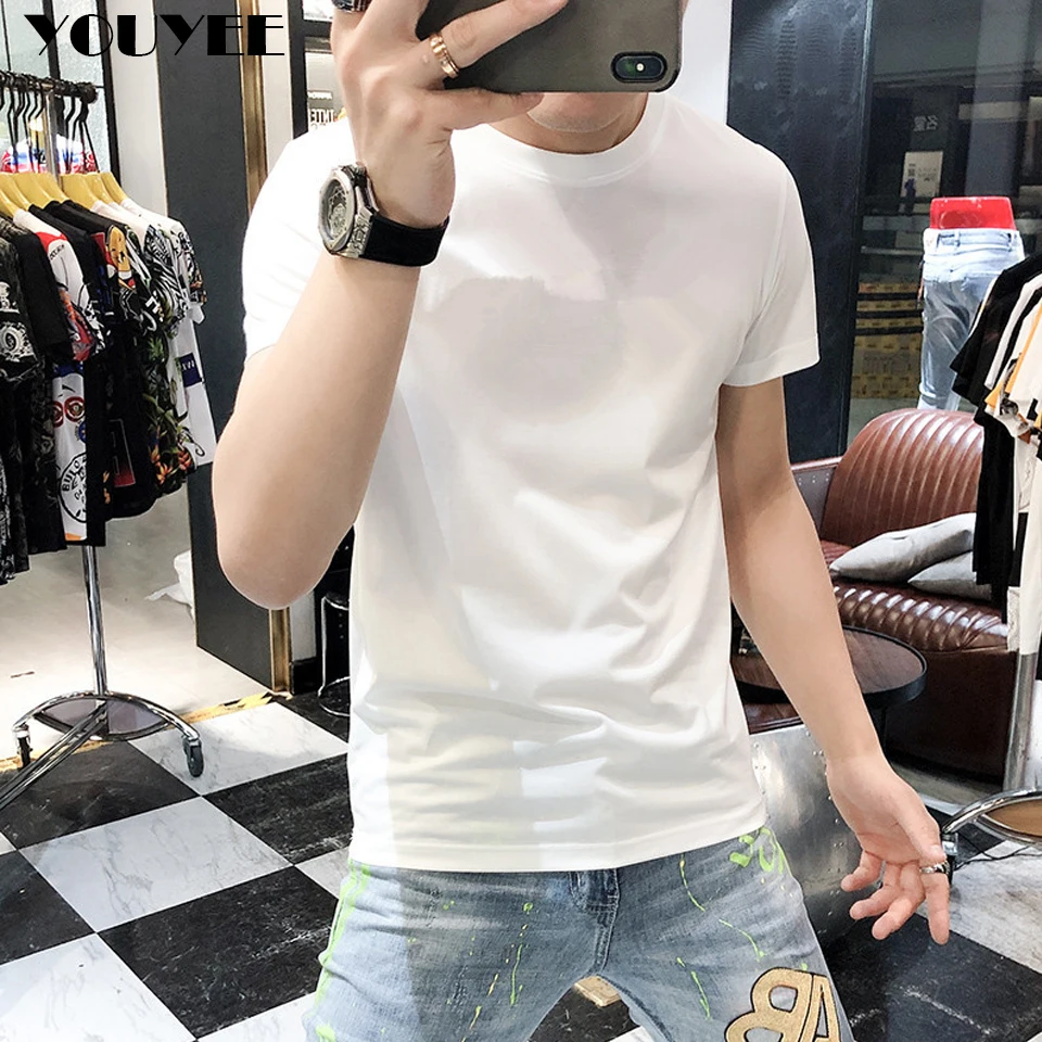 Cool Skating Silk Cotton Men\'s Short Sleeved T-shirt Summer White Male Wear Multi Solid Color Tees High Quality Bottom Shirt 5X