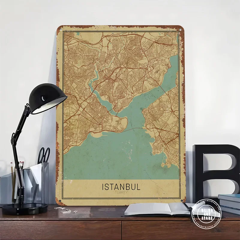 Vintage Istanbul City Map Metal Poster Customized Wall Art Retro Vintage Metal Signs for Man Cave Office Decoration Gaming House