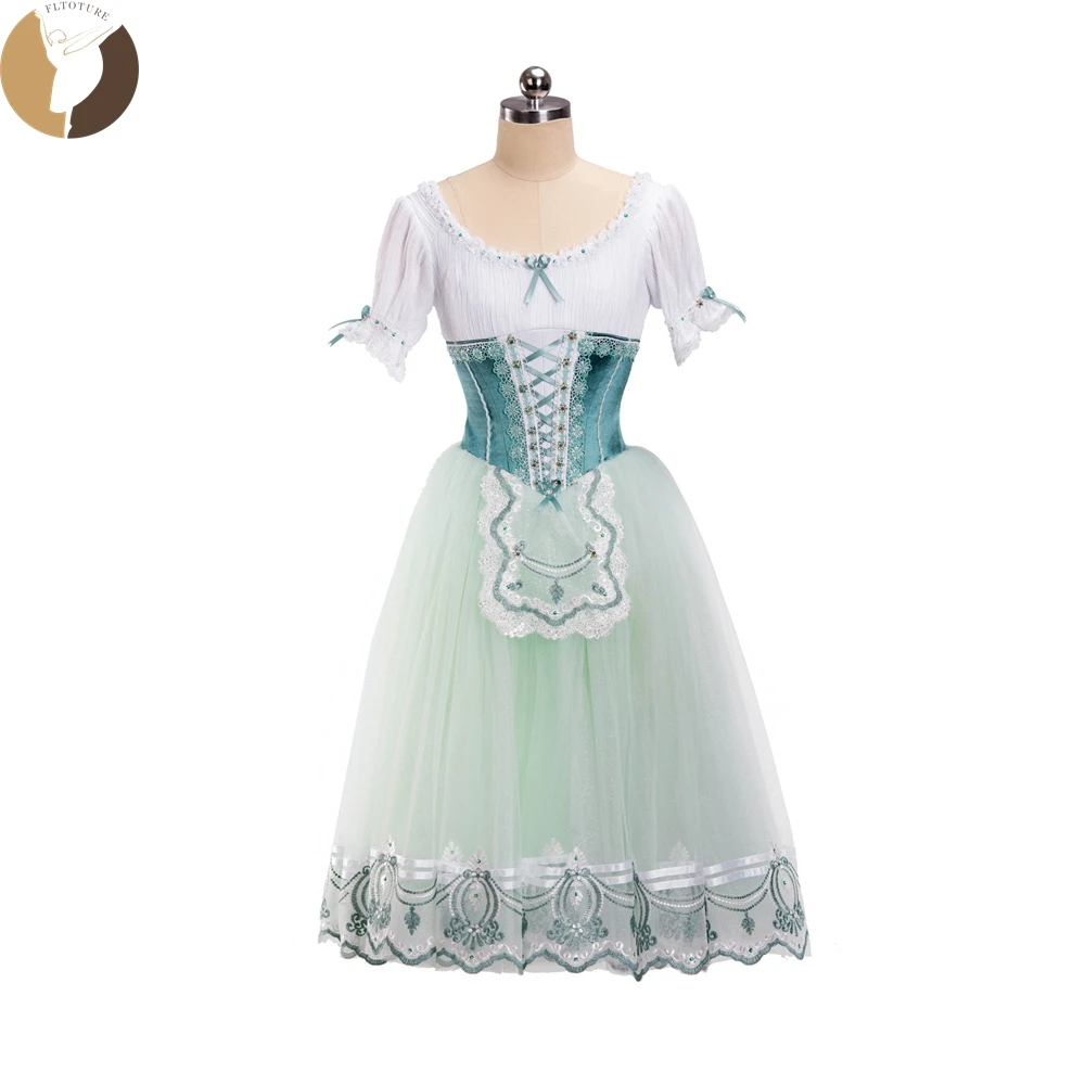 

FLTOTURE New Arrival Professional Velvet Light Green Long Skirt 5 Layers Soft Tulles Ballet Coppelia La Fille Mal Gardee Dress