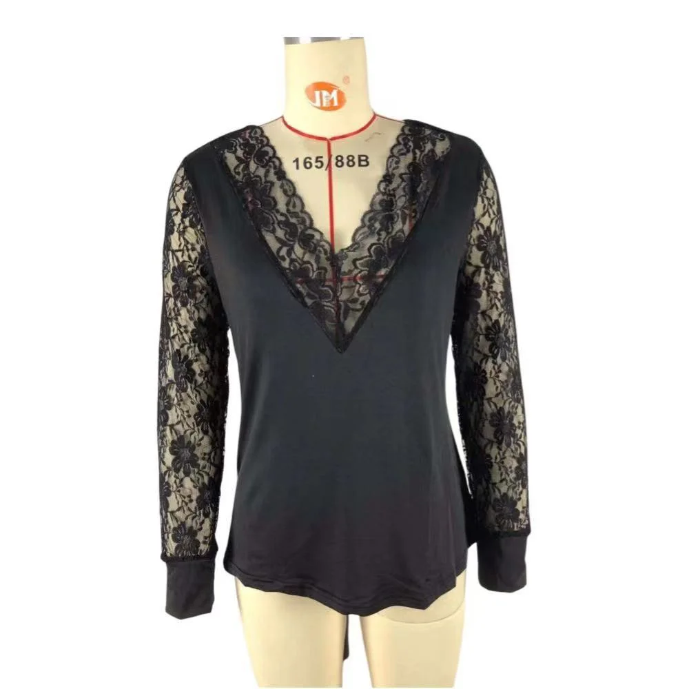 Neue Damen Shirt Sexy Mode Spitze Nähte Hohl Freizeit Weiß Schwarz Abnehmen V-ausschnitt T-Shirt Frauen Kleidung für Frühling/Sommer – Detail 7