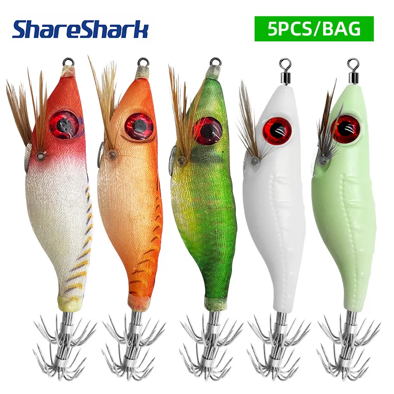 ShareShark 5 Stück/Beutel Leuchtende, horizontale Garnelenköder, 10 cm, Holzgarnelen, Tintenfischhaken, runde Bauchgarnelen, Kunstköder