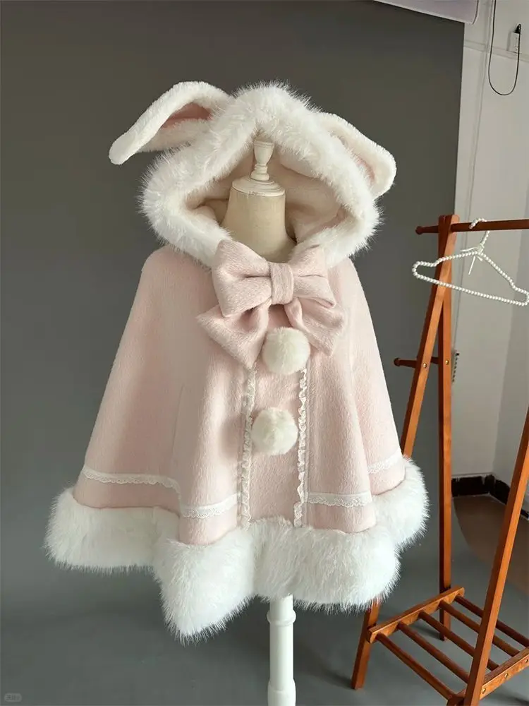 Mantello con cappuccio giapponese dolce e carino con fiocco Autunno Inverno Nuovo cappotto da principessa Lolita caldo per ragazze Cappotto casual Kawaii Chic