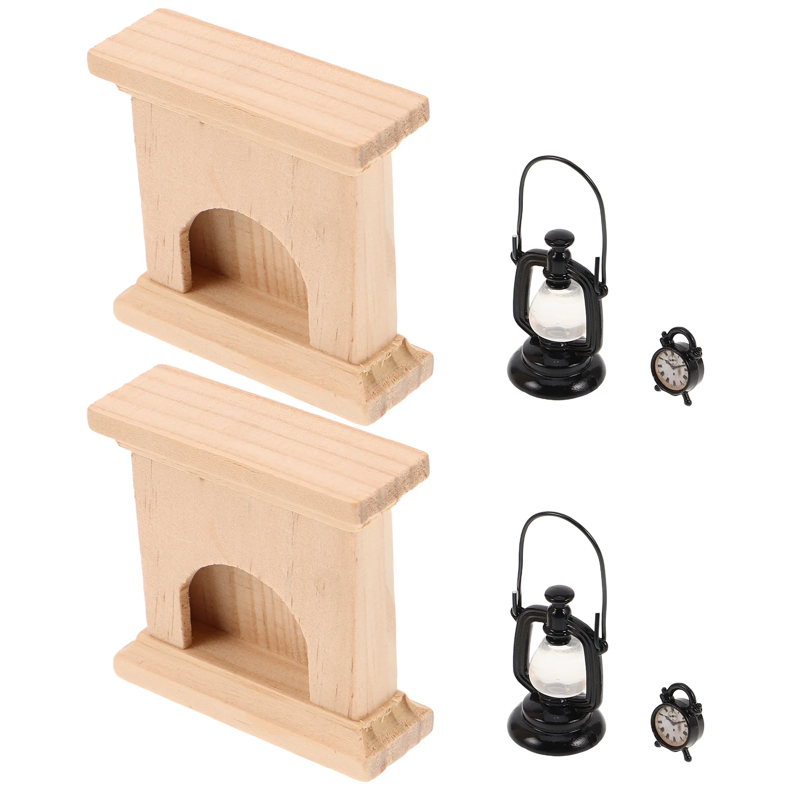

2Set Miniature Wooden Fireplace Retro Lamp Clock Dollhouse Christmas Decoration Micro World Pretend Playset Accessories
