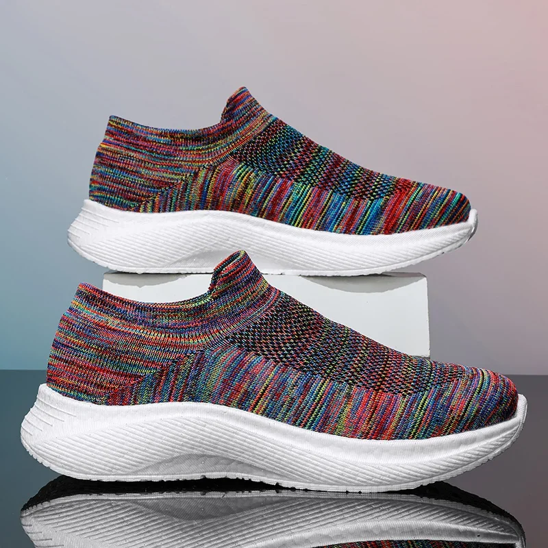 Men Elastic Knit Slip On Sneakers Rainbow Striped Pattern Lightweight Thick Cushion Casual Shoes