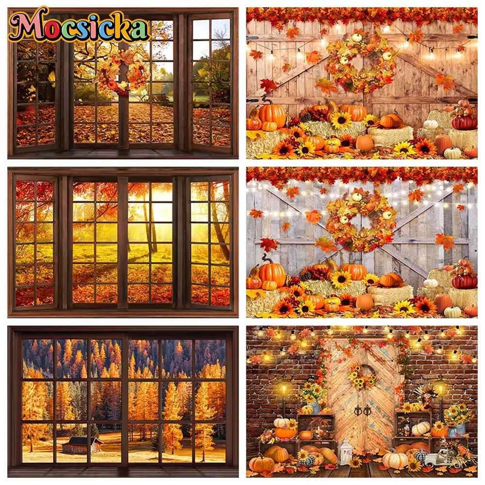 

Mocsicka Autumn Photography Background Natural Scenery Decoration Fall Golden Forest Leaves Window Door Kid Photo Backdrop Props