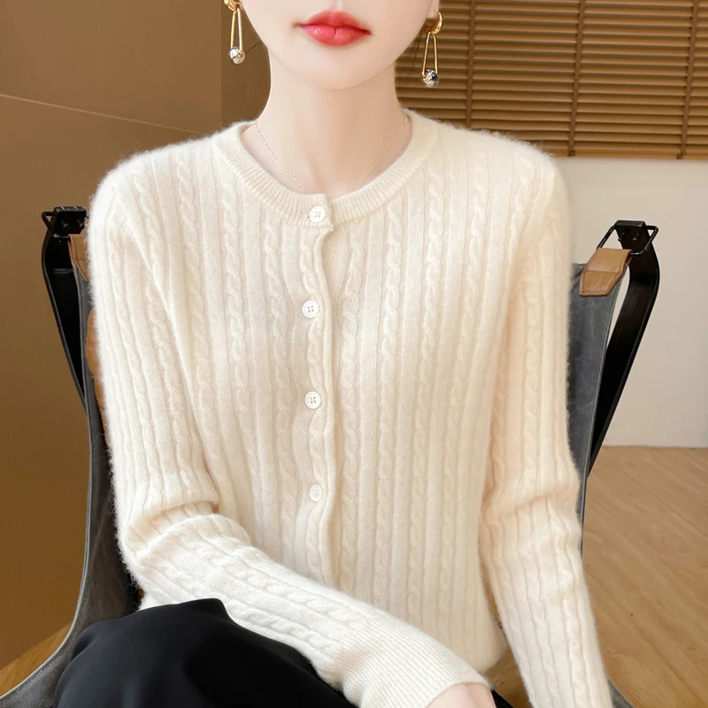 2024 Classic Women Knitwear 100%  Australian Wool Cardigan Fashion Twisted pattern style Sweater O-Neck Loose Thick Basics Tops