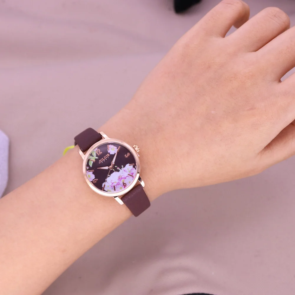 Printing Flower Lady Women\'s Watch MIYOTA Quartz Hours Fashion Woman Clock Real Leather Bracelet Girl\'s Birthday Julius Gift Box
