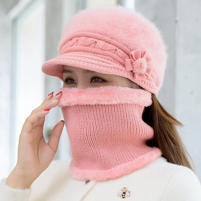 Women Winter Hat Keep Warm Cap Add Fur Lined Hat And Scarf Set Warm Hats For Female Casual Rabbit Fur Winter Knitted Hat