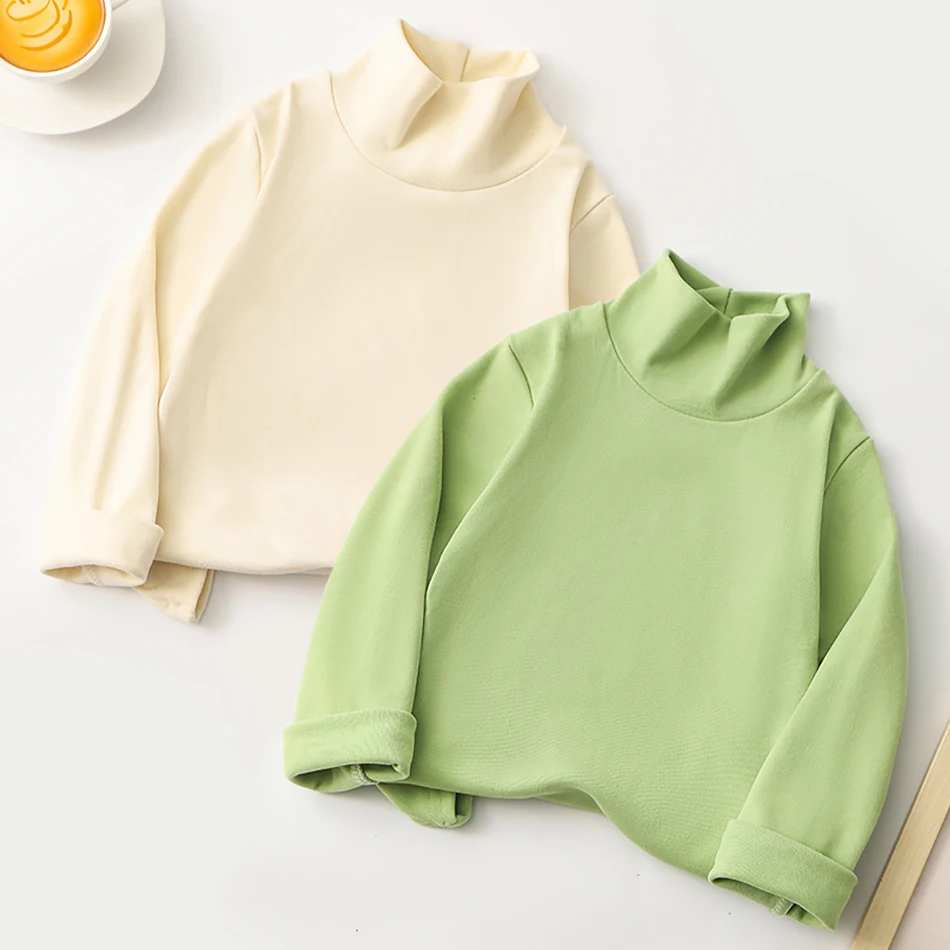 

Детская Повседневная и стильная футболка с длинным рукавом и полувысоким воротником, универсальная однотонная повседневная одежда, футболка, детская одежда
