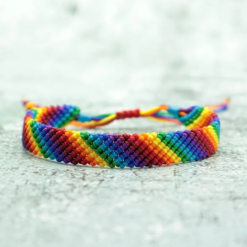 Fashion LGBT Bracelet Men Women Rainbow Rope Braclets Handmade Woven Strings Ethnic Brass Jewelry Bestie Gift Adjustable