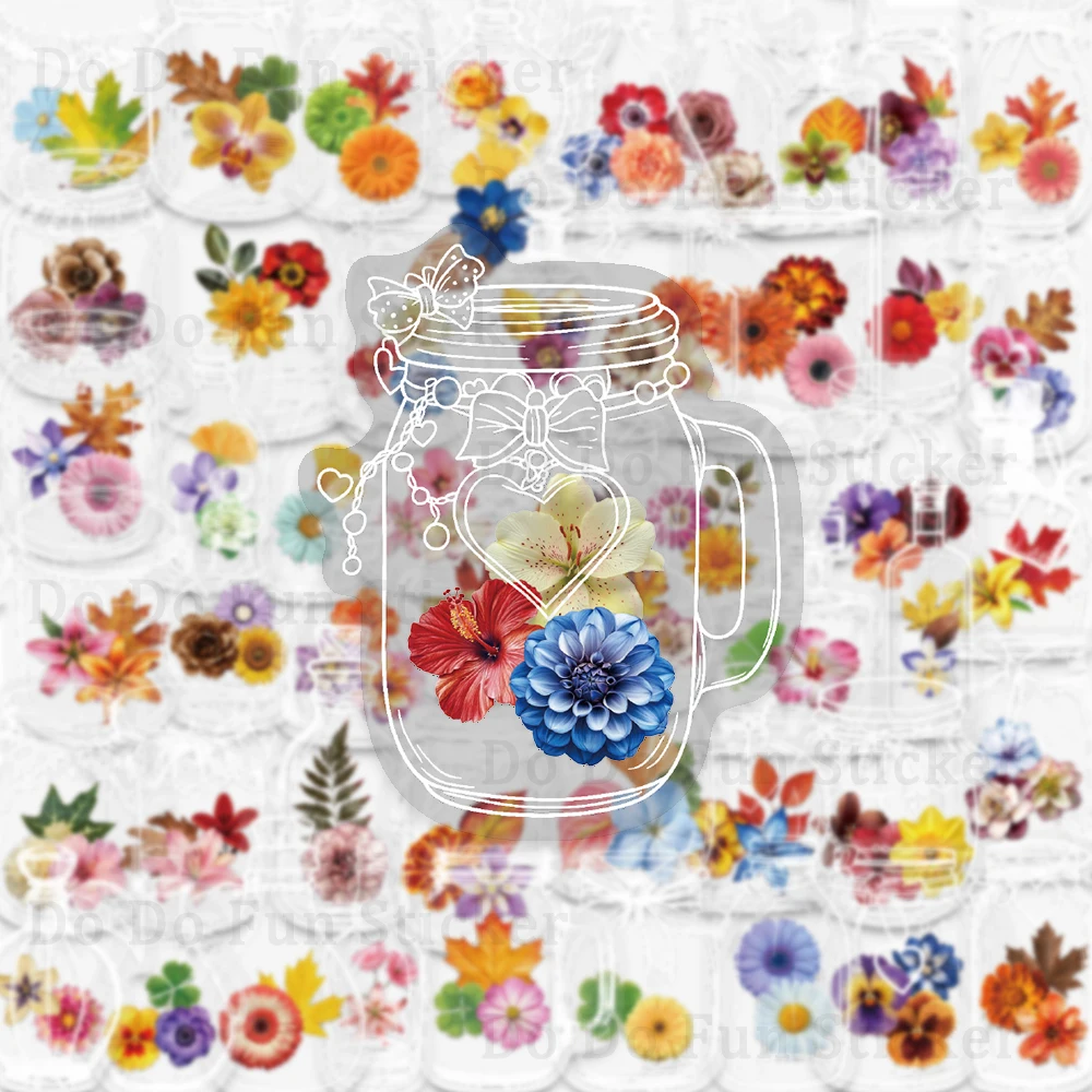 Bottiglie di vetro da 50 pezzi con adesivo in PET con fiori secchi, impermeabile, resistente all'olio, trasparente, arte romantica, collezione regalo di fiori colorati