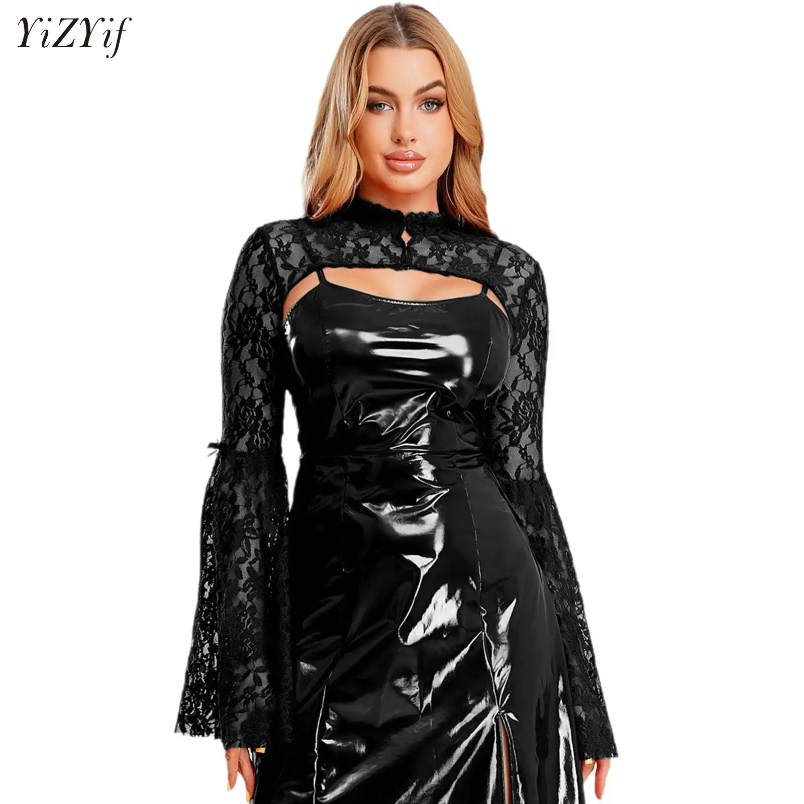 

Punk Bolero Shrug Top Trad Goth Medieval Shawls Flared Sleeve Cover Wraps Evening Dresses Short Cardigan See-Through Lace Shrug