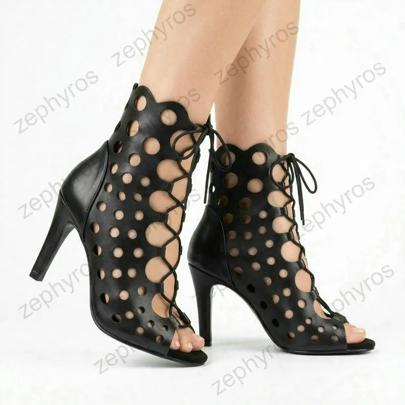 Women Black Jazz Dance Shoes Lace Up High Heels Breathable Cut Out Practice Performance Booties 7CM/9CM Dance Heels