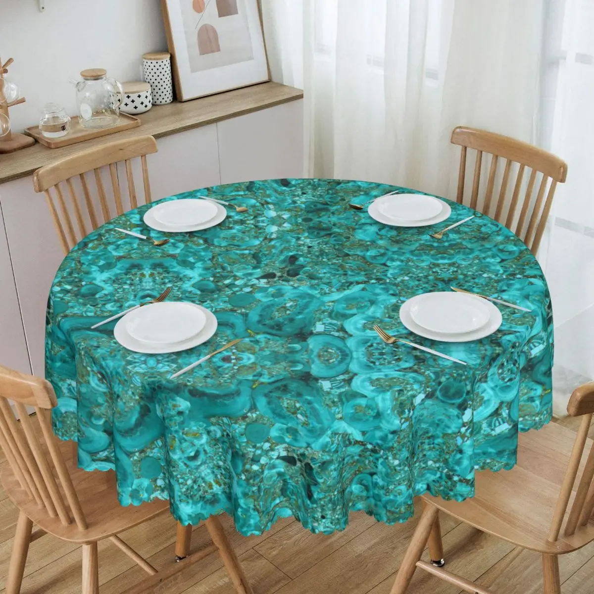 Marble Turquoise Blue Gold Round Tablecloths 60 Inch Modern Abstract Pattern Table Covers for Parties Table Cloth