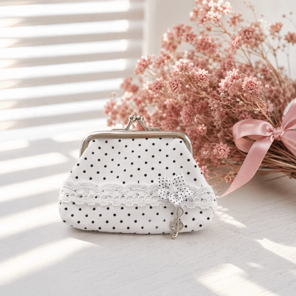 Fashion Handmade Lace Polka Dot Coin Purse Music Note Rose Pattern Kiss Lock Wallet Vintage Portable Earphone Bag Party