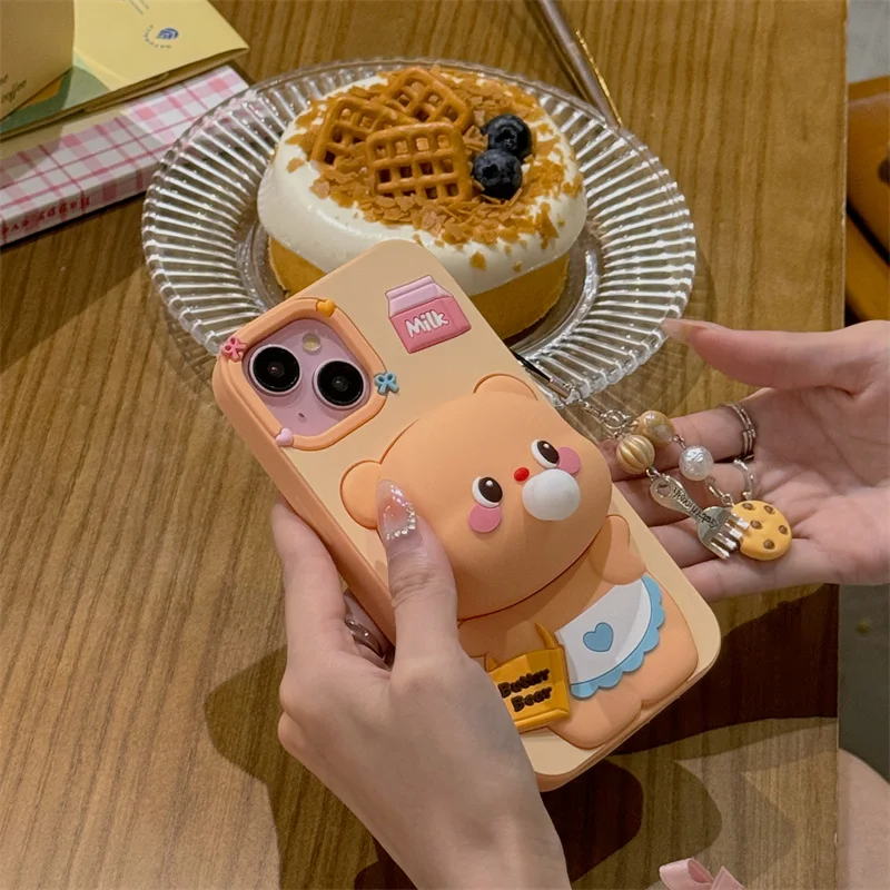 Cartoon bear Soft silicone 3D Phone Case For iphone 15 14 Plus 12 13 Pro Max 11 dynamic blow bubbles cute cover+Fashion pendant