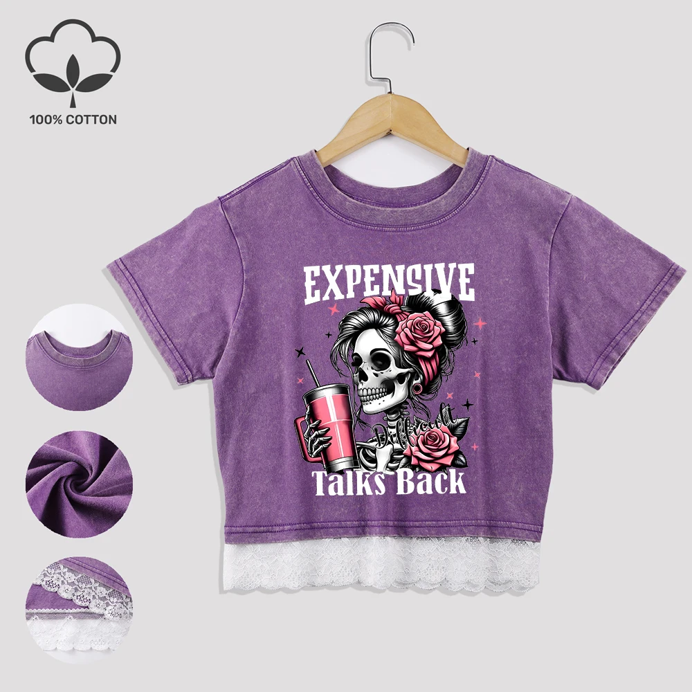 

Expensive Talks Back Cotton Crop Tees All-Math Summer Lace Hem Washed T-Shirts O-Neck Distressed Short Sleeve Casual Clothes