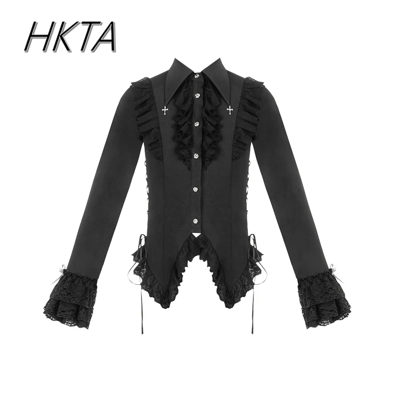 

Lolita Gothic Stand Up Collar Long Petal Sleeve Black Blouse Women Spring Lace Stitching Strap Vintage Elegant Top shirt Ladies