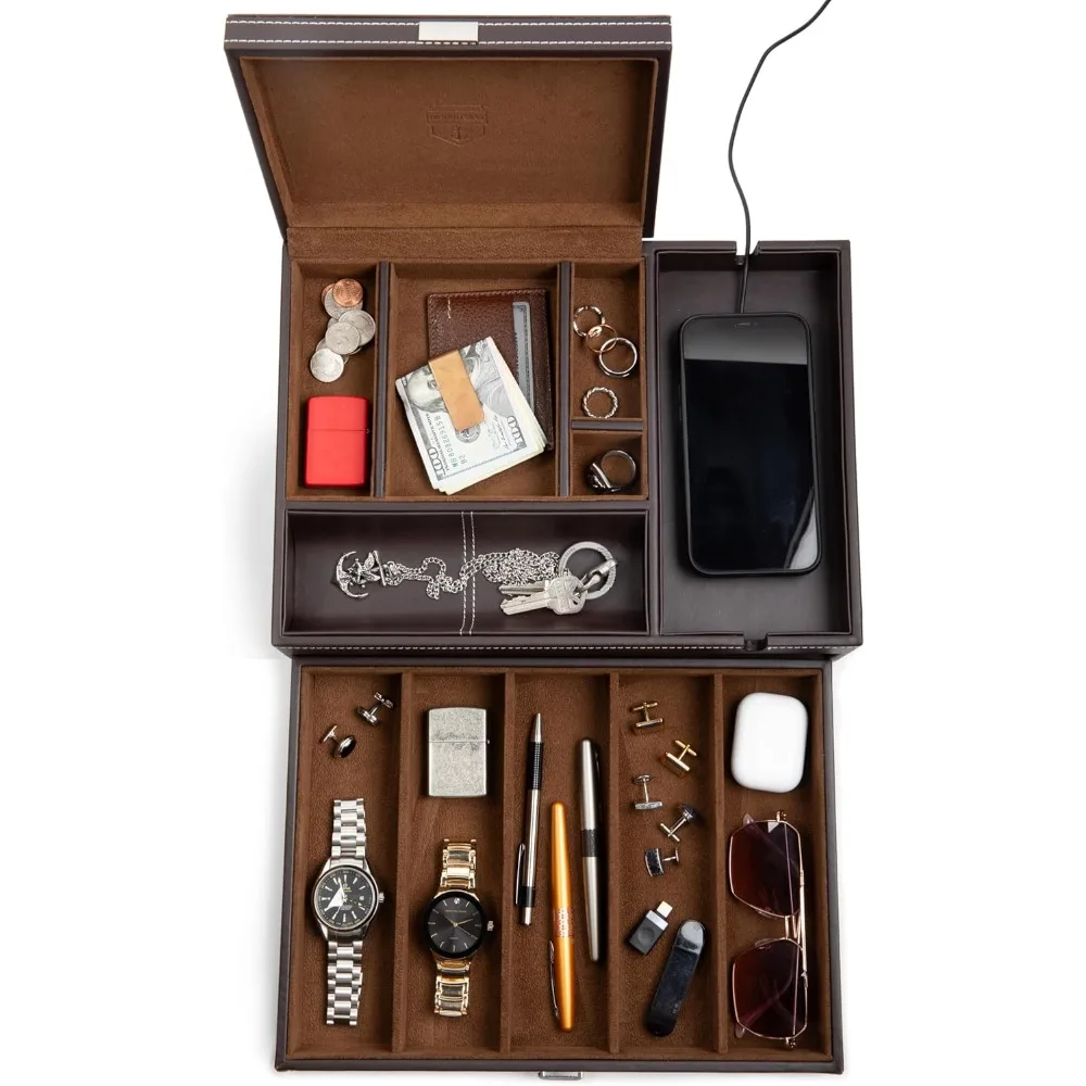 صندوق ساعة رجالي من الجلد - منظم طاولة بجانب السرير، صندوق مجوهرات للرجال، حافظة ساعة للرجال مع شحن هاتف ذكي كبير