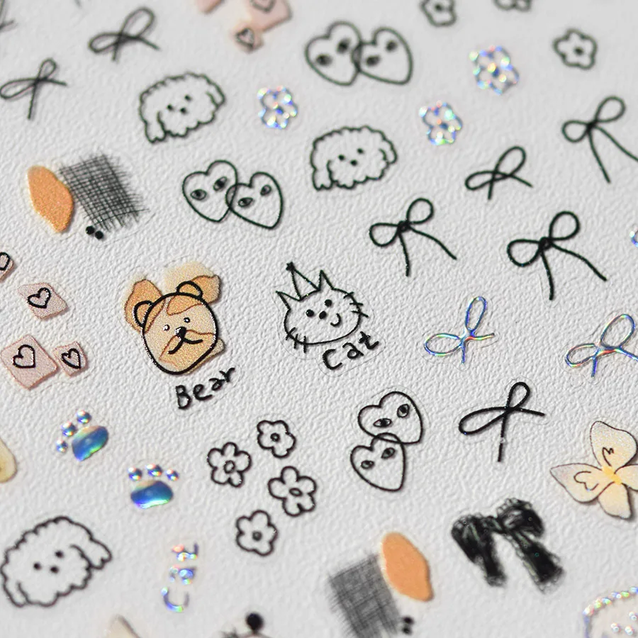 1pcs Cute Sketching Graffiti Animal Cat Dog Rabbit Bear Laser Nail Art Sticker Designs Self Adhesive Decoration Decal Acessories