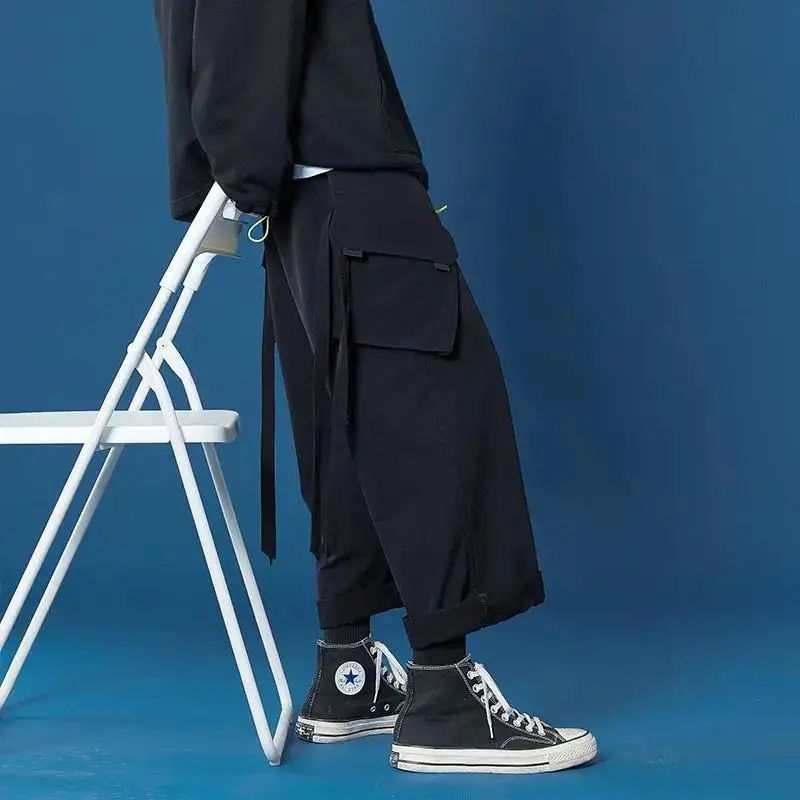 

Women Fashion Side Pockets Pleats Parachute Cargo Pants Vintage High Elastic Waist Drawstring Female Joggering Pantalones A404