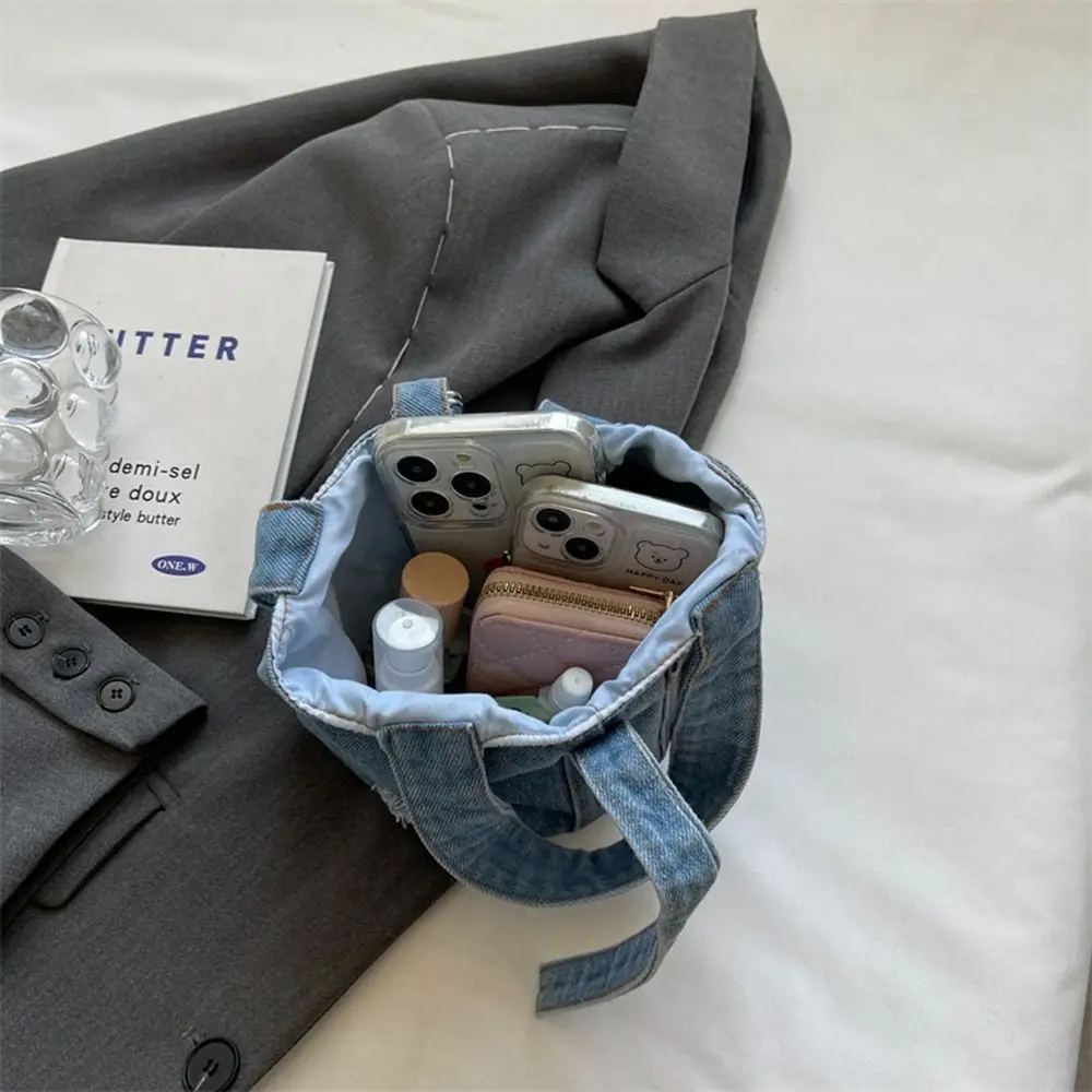 대용량 데님 버킷백 핸드백 토트백 (휴대폰 포켓, 구멍 있는 숄더백, 캔버스 도시락 가방 포함) 여성용