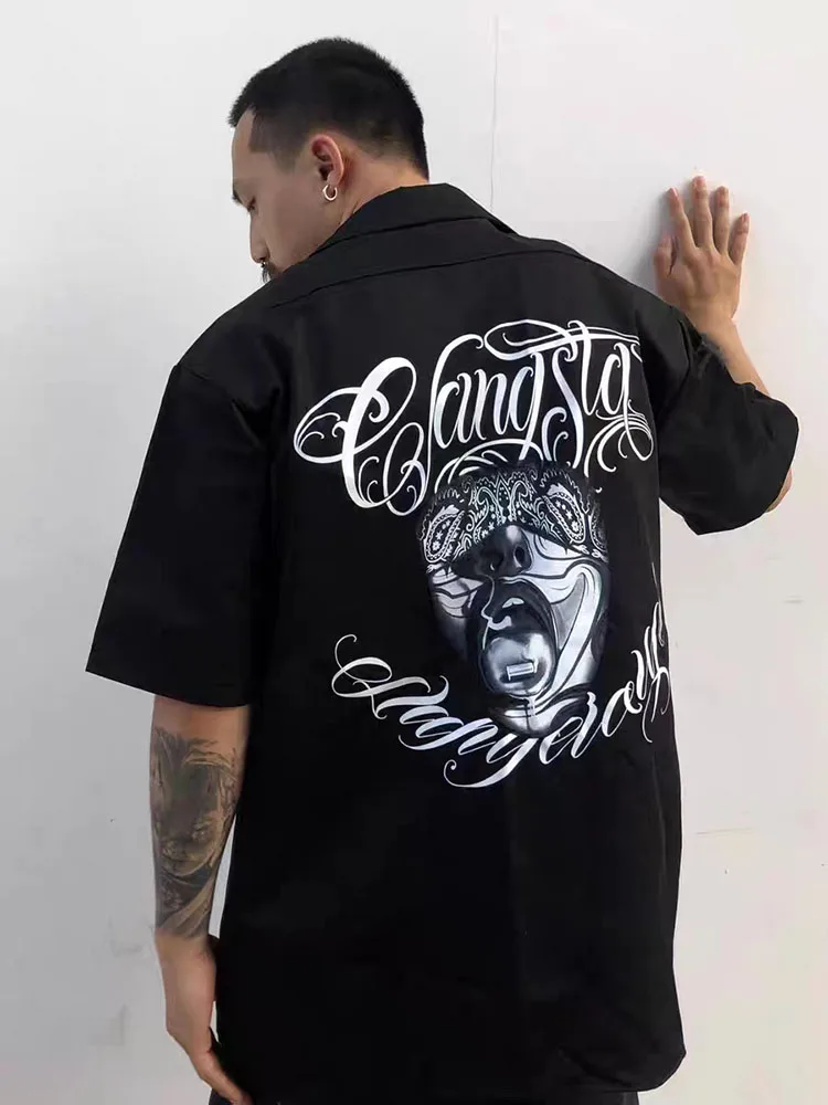 West Coast Harajuku Hip Hop Graffiti Letter Print Summer Shirts Y2K Men and Women Lapel Oversize Casual Tops Spliced Retro Shirt