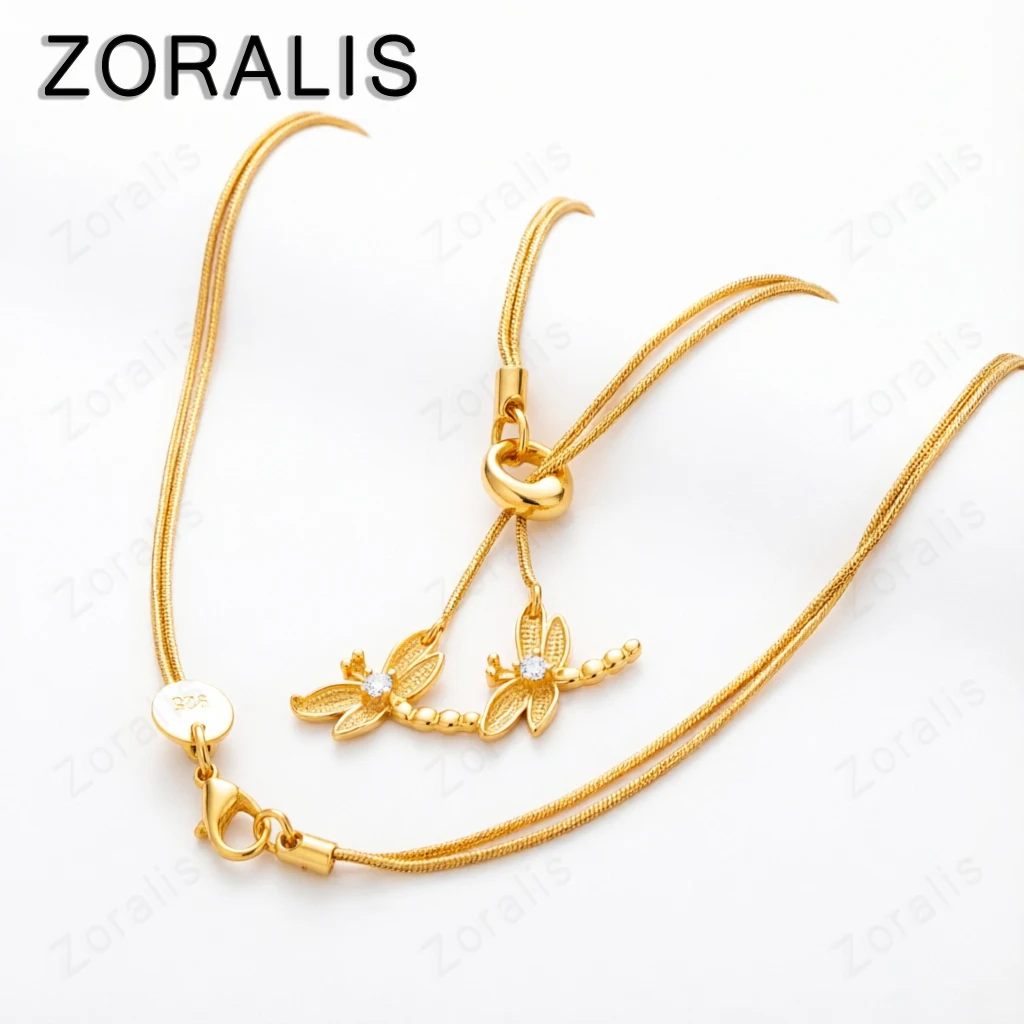 18K Gold AAA Zircon Two Dragonfly Pendant Necklace For Women Chain Engagement Wedding Fashion Charm Jewelry